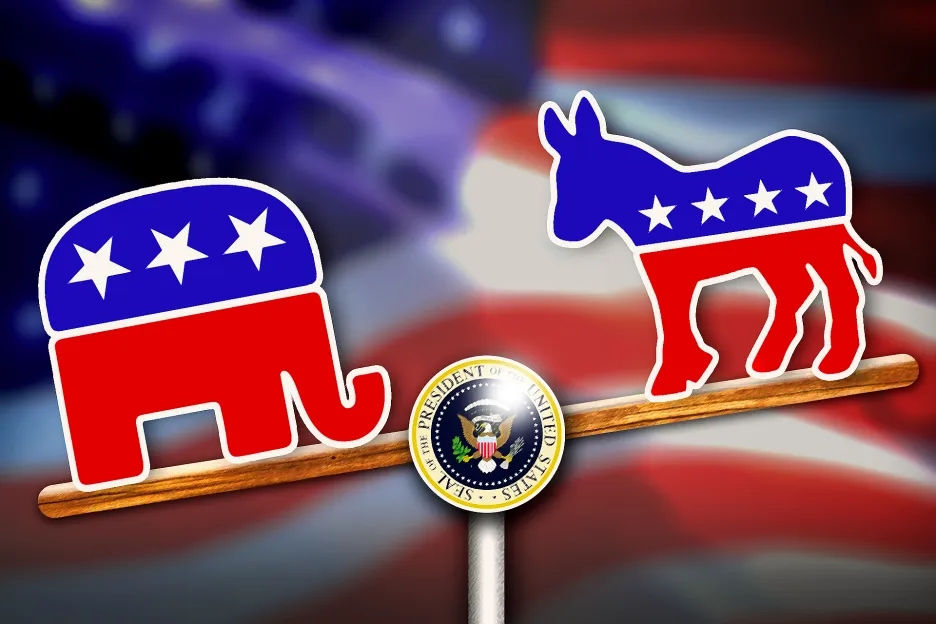 Republikánský slon a demokratický osel na volební houpačce