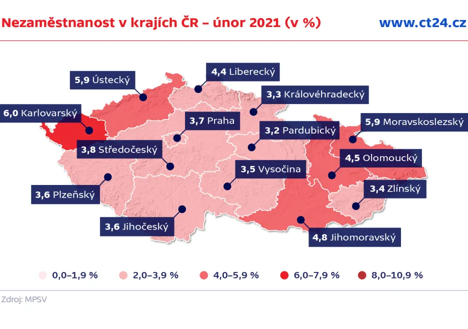 Nezaměstnanost v krajích ČR – únor 2021 (v %)