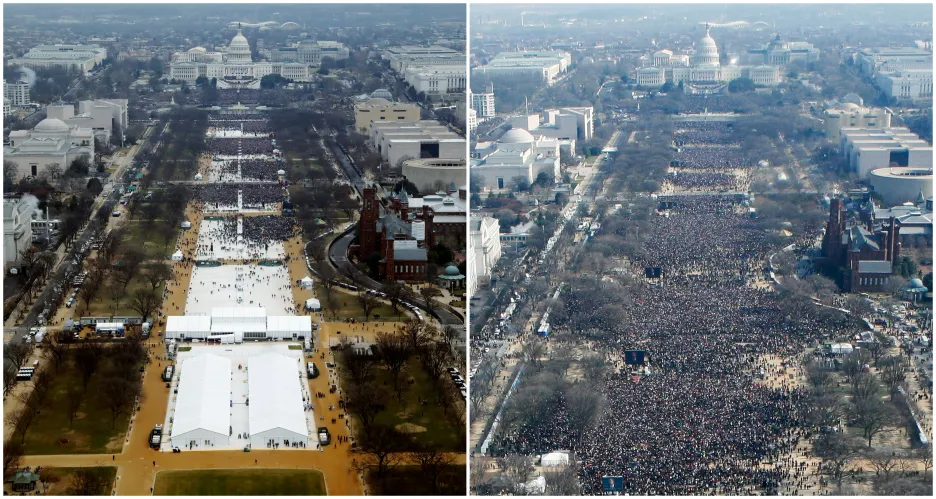 Srovnání účasti na inauguracích Trumpa (vlevo) a Obamy