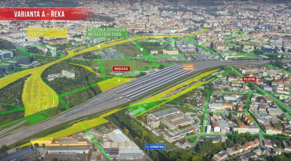 Vizualizace infrastruktury ve variantě nádraží u řeky
