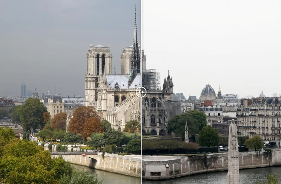 Katedrála Notre-Dame před požárem a po něm
