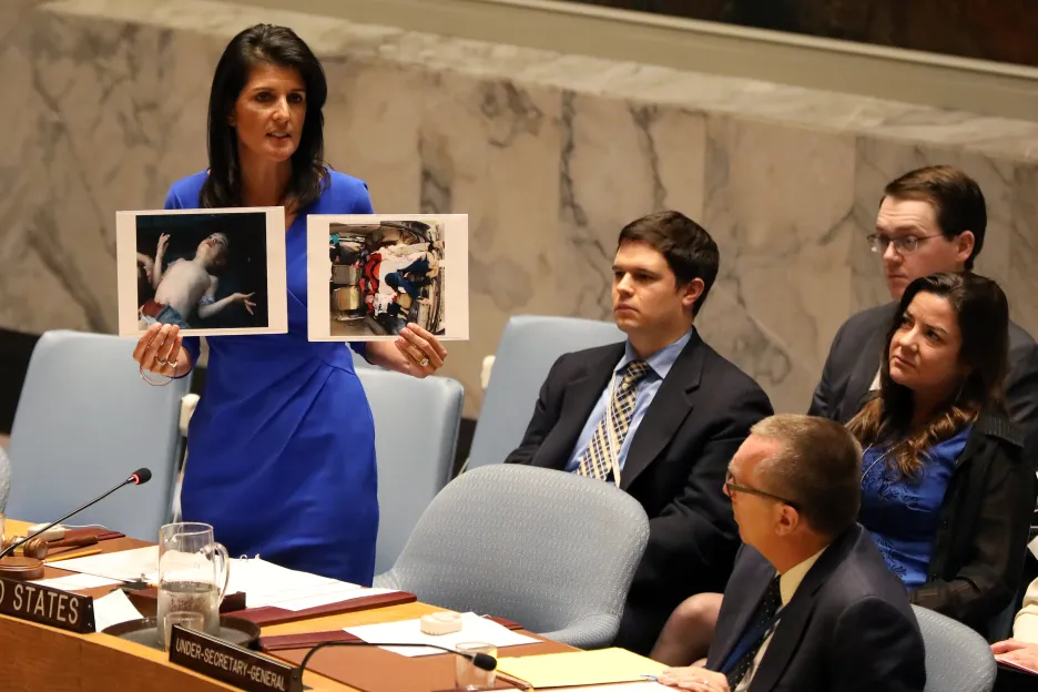 Nikki Haleyová ukázal na zasedání Rady bezpečnosti fotografie obětí útoku v Idlibu