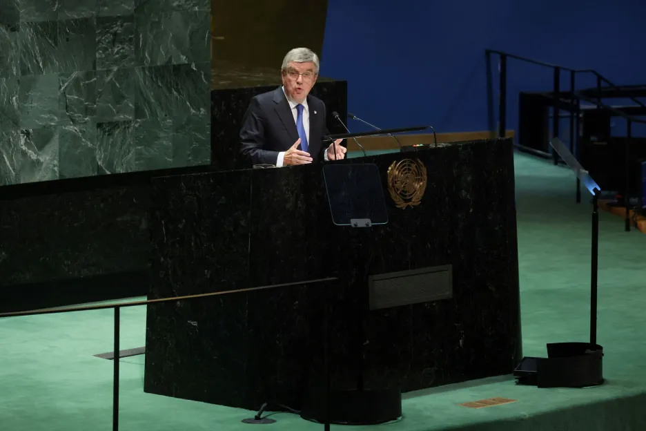 Předseda MOV Thomas Bach na jednání Valného shromáždění OSN