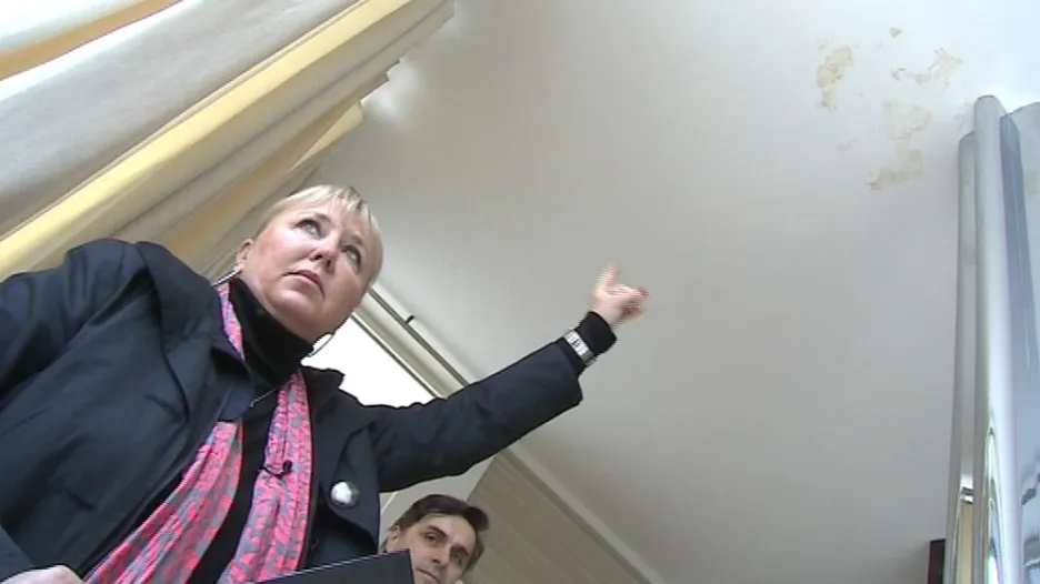 Ředitelka vily Tugendhat Iveta Černá ukazuje na místo ve stropě, kam zatéká z terasy