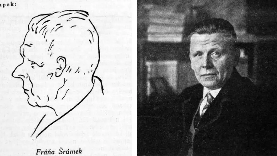 Fráňa Šrámek na karikatuře od Karla Čapka a na fotografii z pol. 20. let 20. st.