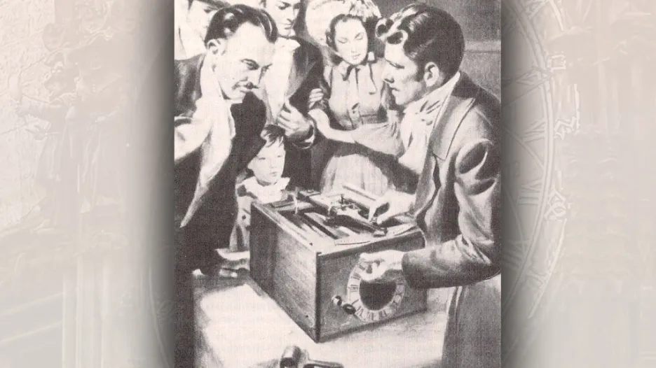 William Austin Burt předvádí svůj psací stroj (dobová ilustrace)