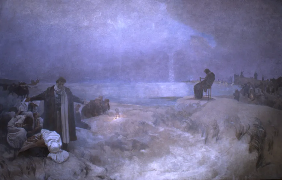 Smrt Komenského v Naardenu (1670), 1918, vaječná tempera, olej, plátno, 405 x 620 cm