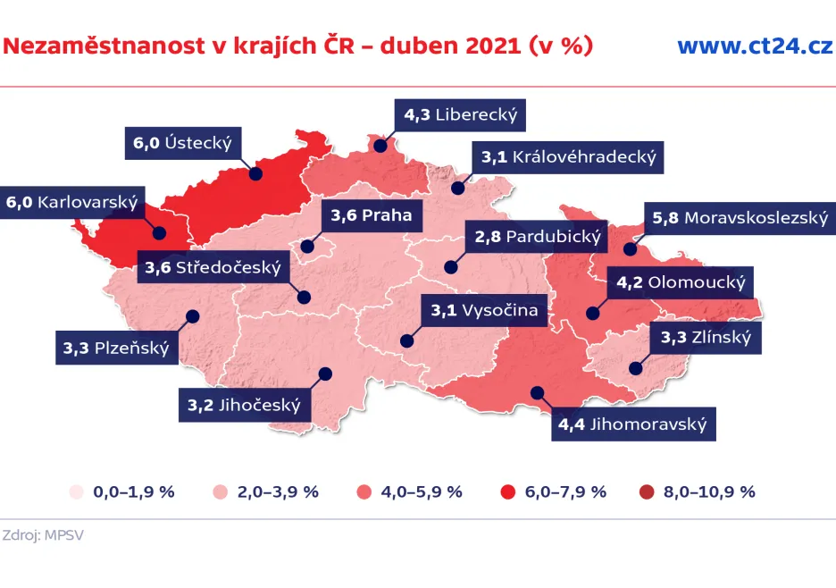 Nezaměstnanost v krajích ČR – duben 2021 (v %)