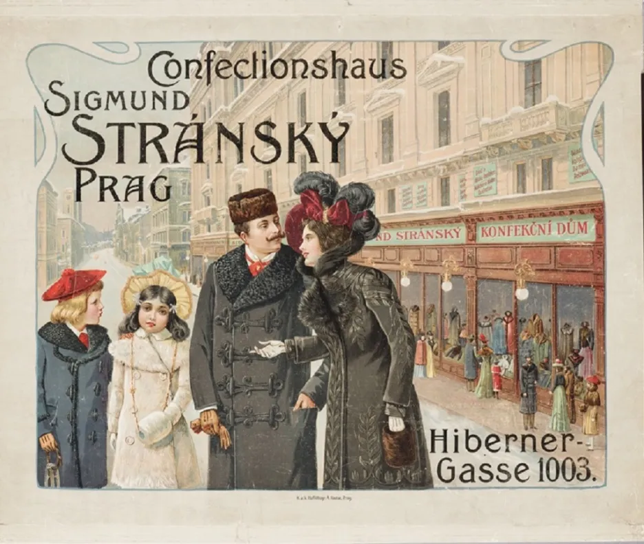 Reklema na obchod s konfekcí Sigmunda Stránského v Praze, 1896