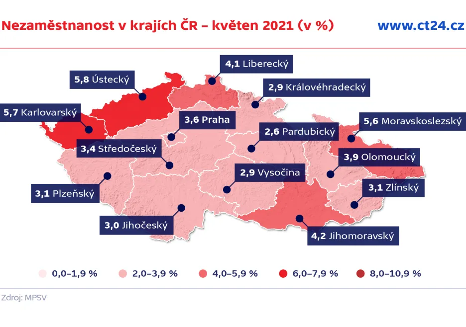 Nezaměstnanost v krajích ČR – květen 2021 (v %)