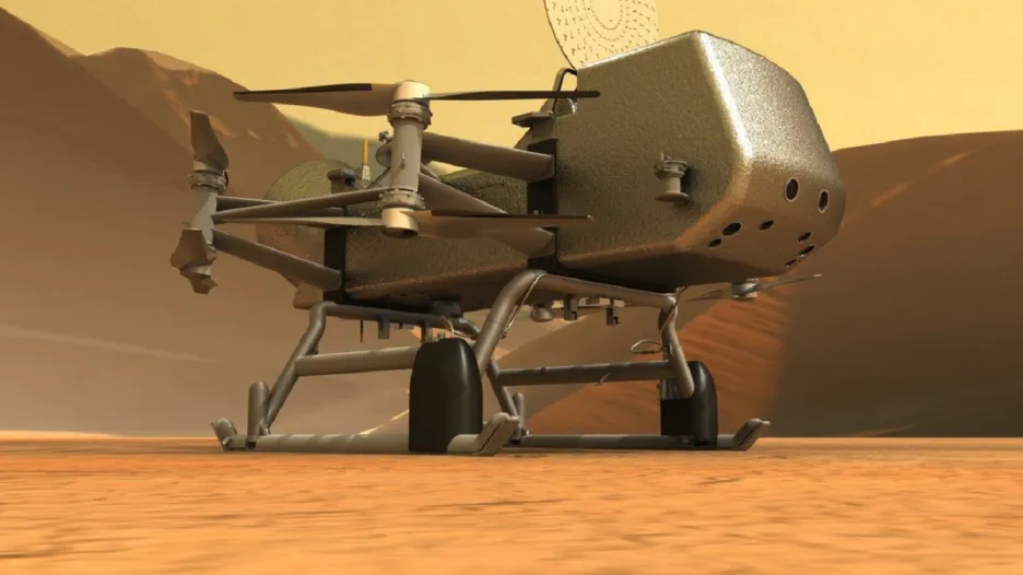 Vizualizace sondy Dragonfly na Titanu