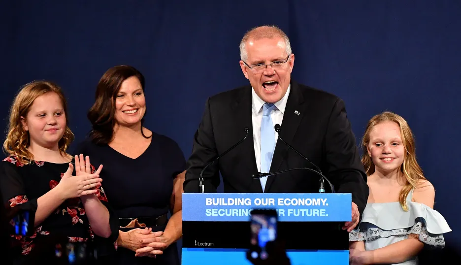 Australský premiér Scott Morrison se svou rodinou po vítězství v parlamentních volbách.