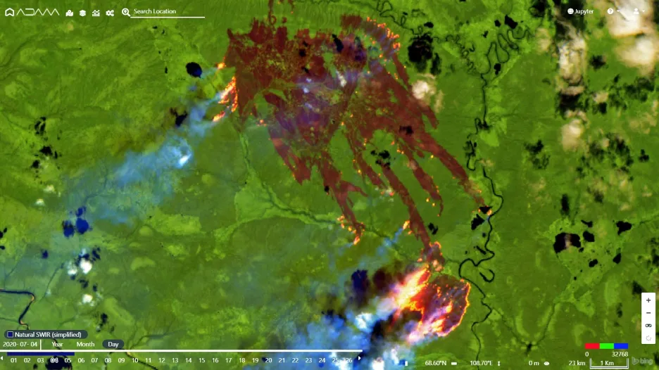 Červencový požár na Sibiři vyfocený ze satelitu