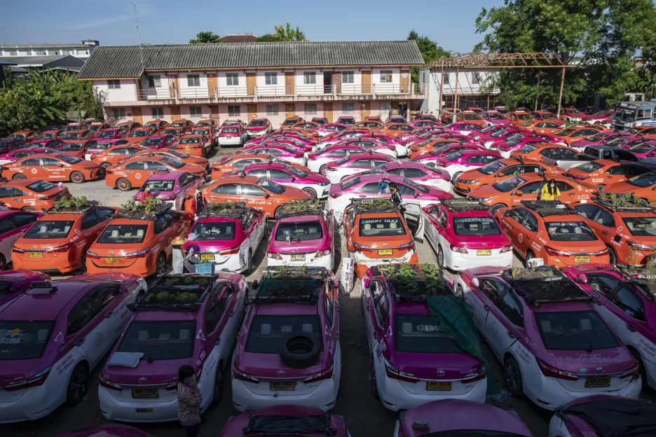 Zaměstnanci  zkrachovalé taxi služby v Bangkoku pěstují zeleninu na střechách aut. Auta využívají jako skleníky, které růst zeleniny urychlují