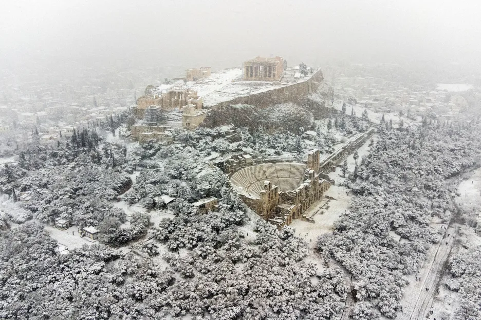 Sněhová bouře v Athénách