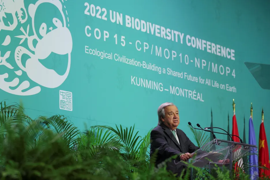 Generální tajemník OSN Antonio Guterres pronáší projev při zahájení COP15