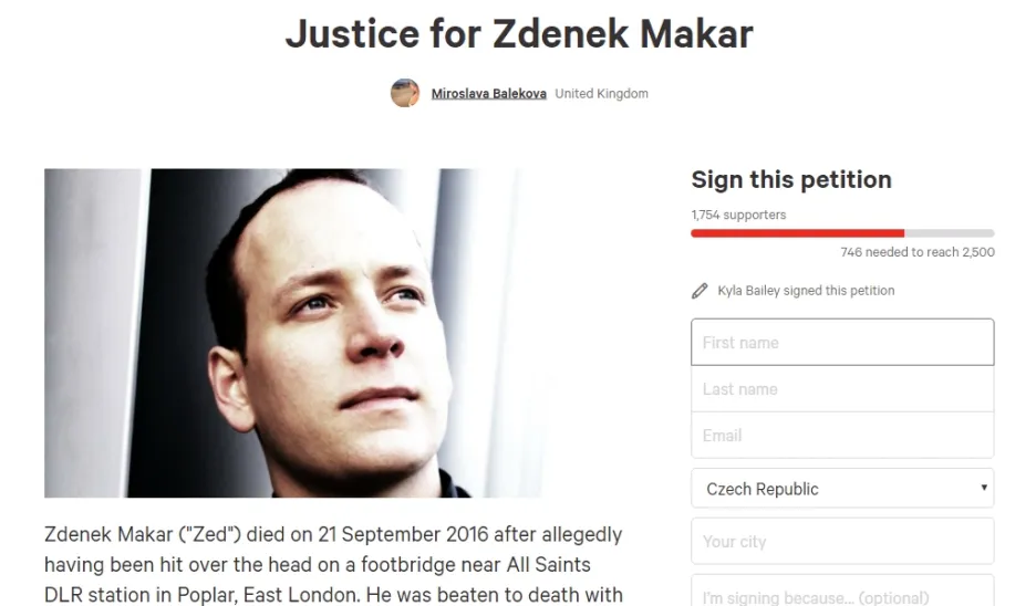 Petice žádající spravedlnost pro Čecha ubitého v Londýně