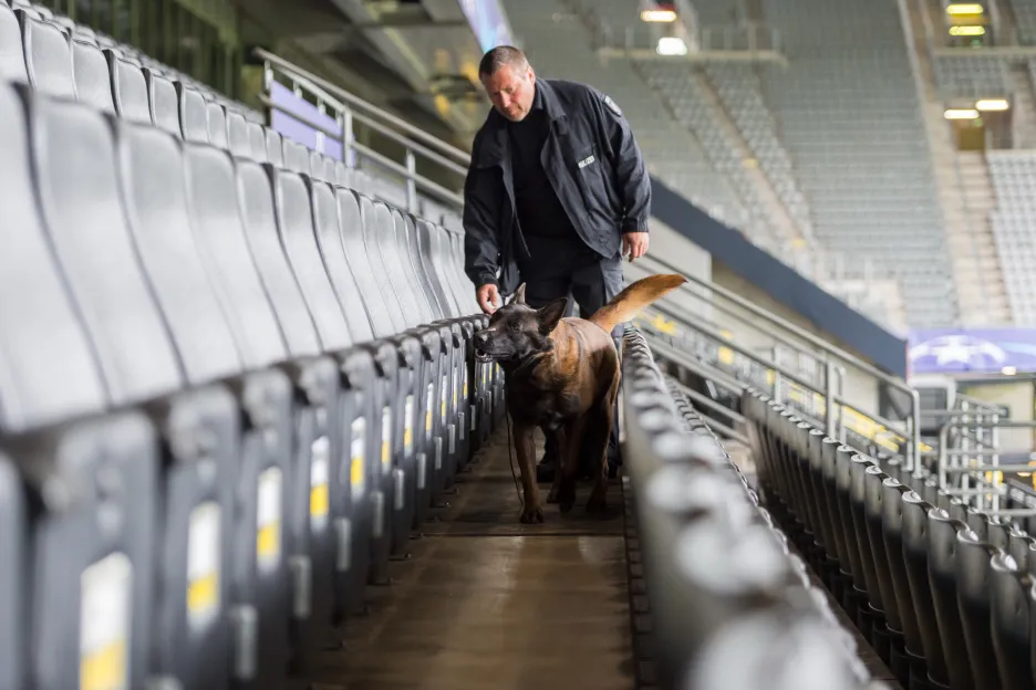 Policejní pes prohledání hlediště stadionu v Dortmundu