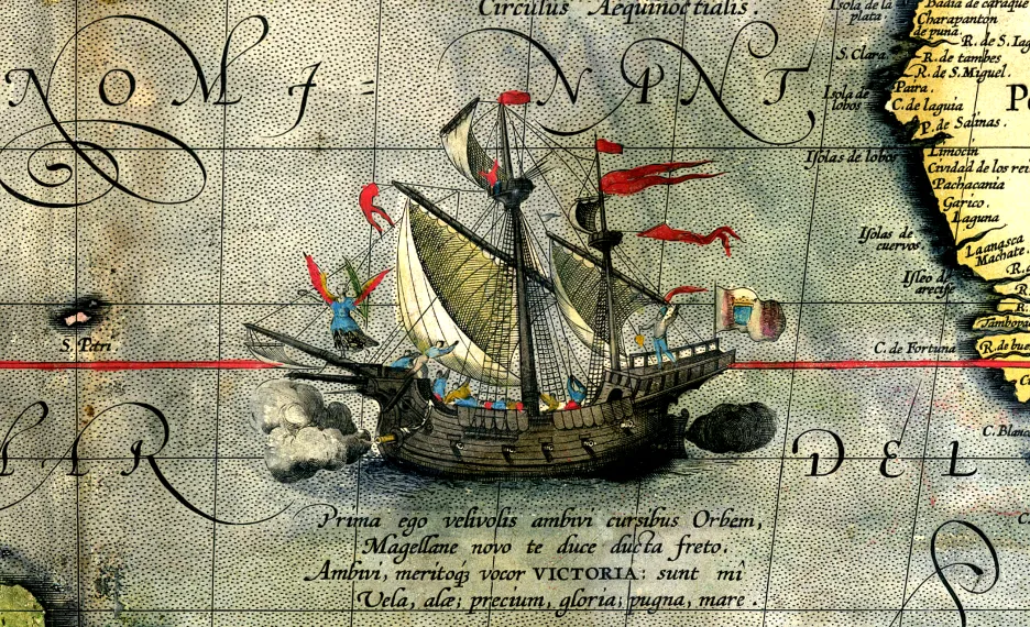Vyobrazení lodi Victoria na mapě z roku 1590