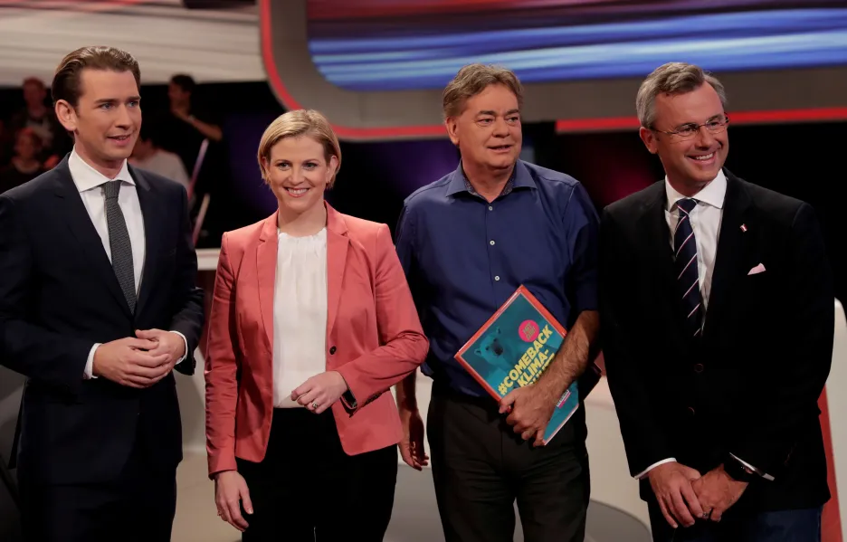 Lídři rakouských stran Sebastian Kurz, Beate Meinlová Reisingerová, Werner Kogler a Norbert Hofer