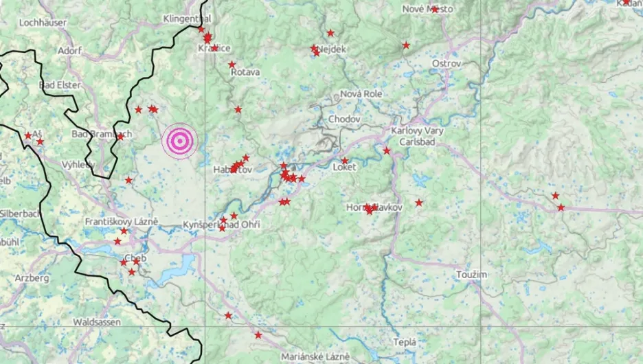 Mapa s místy, kde bylo pocítěno nejsilnější zemětřesení