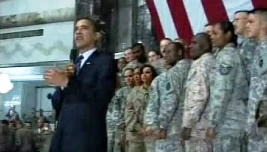Barack Obama u amerických vojáků v Iráku