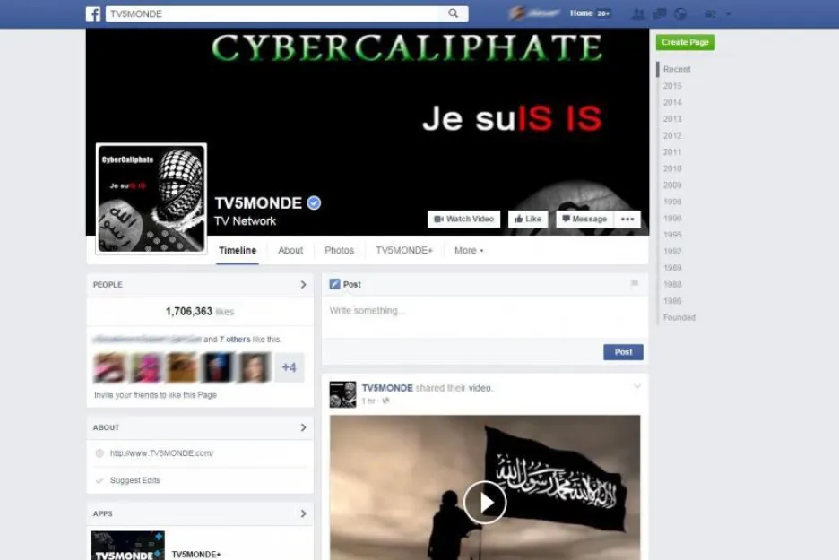 Facebook stanice TV5MONDE v době napadení hackery Islámského státu
