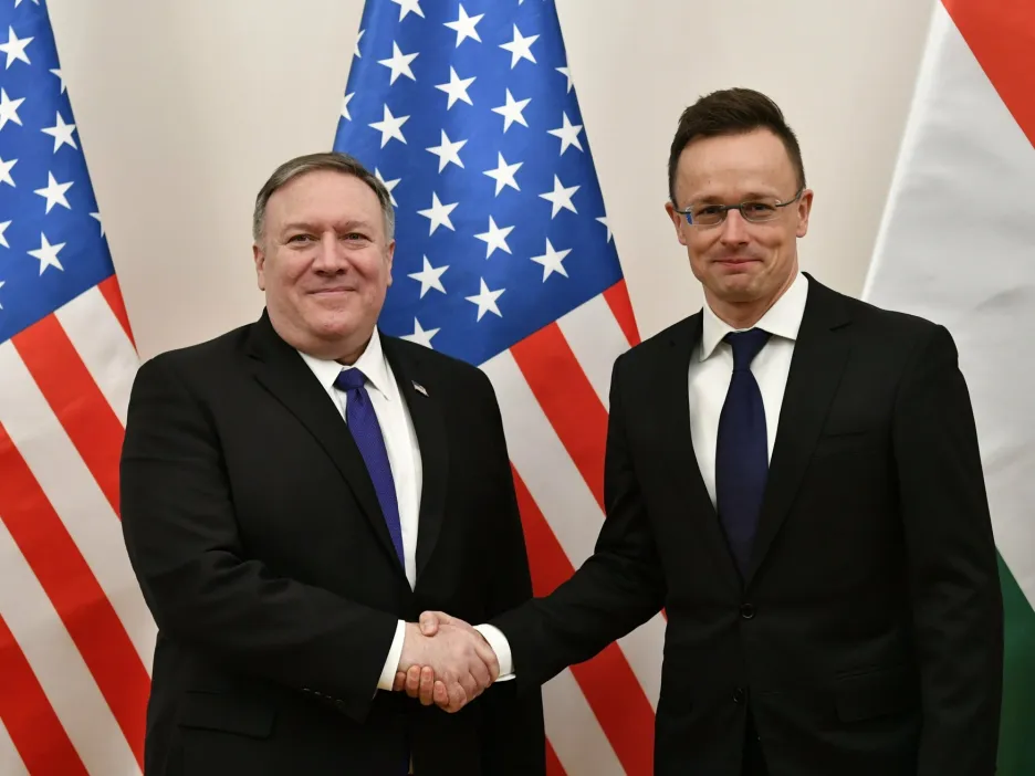 Americký ministr zahraničí Mike Pompeo s maďarským protějškem Péterem Szijjártó v Budapešti