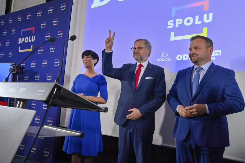 Lídři koalice SPOLU ve volebním štábu