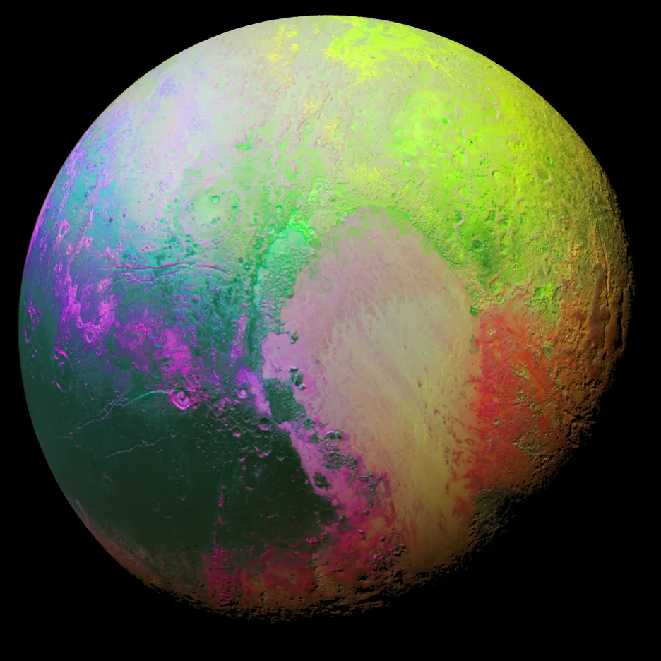 Psychedelické Pluto: Barevně upravené fotografie lépe ukazují odlišnosti na povrchu trpasličí planety.