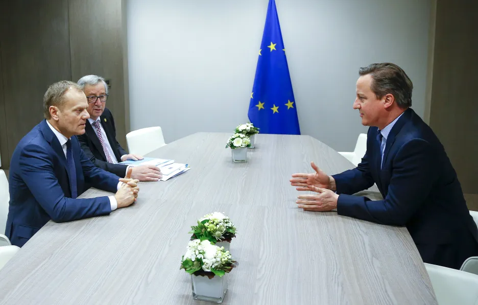 Donald Tusk, Jean-Claude Juncker a David Cameron