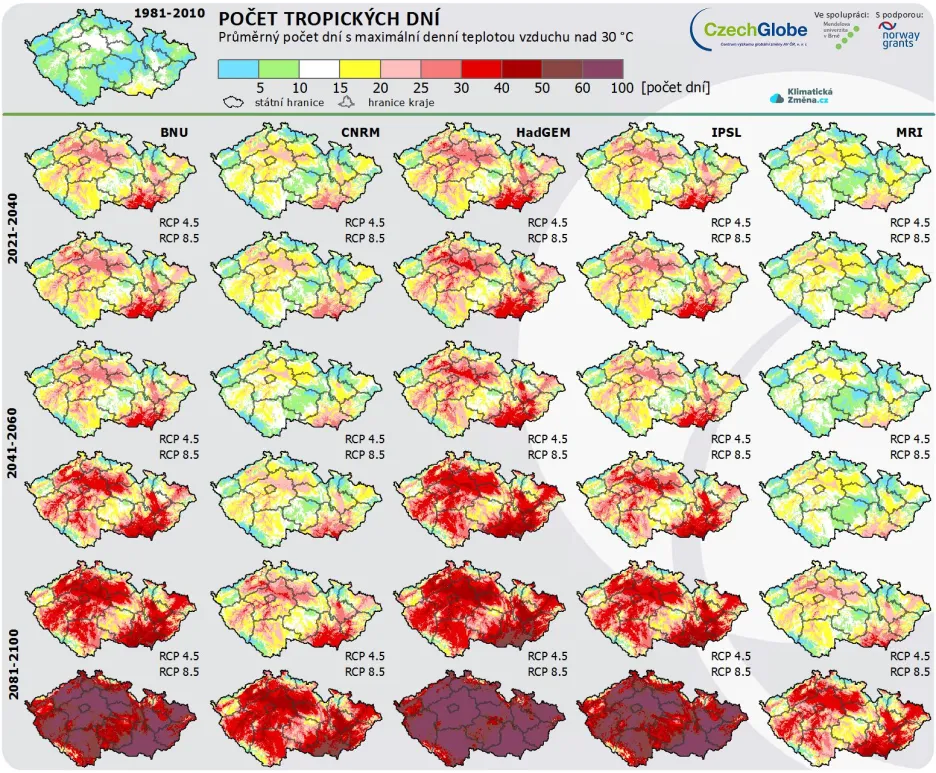 Modely možného počtu tropických dnů v období 2021-2100 podle realistického (RCP 4.5) a alarmistického (RCP 8.5) emisního scénáře