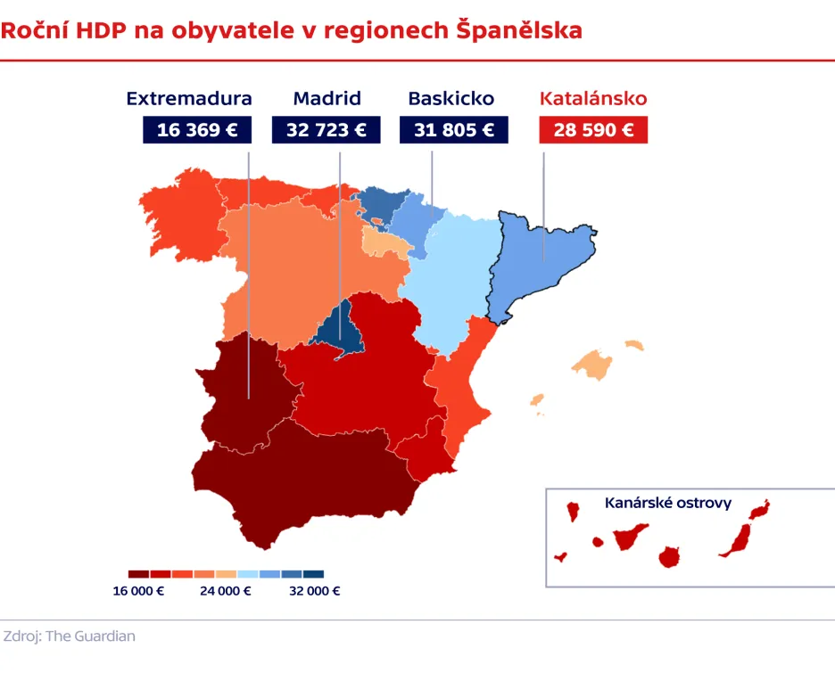 Roční HDP na obyvatele v regionech Španělska