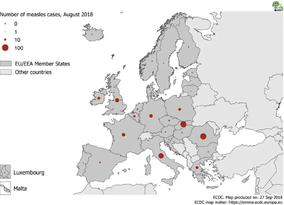Spalničky v Evropě na podzim 2018