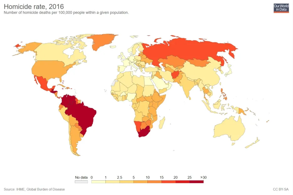 Počet vražd na sto tisíc obyvatel v zemích světa, 2016
