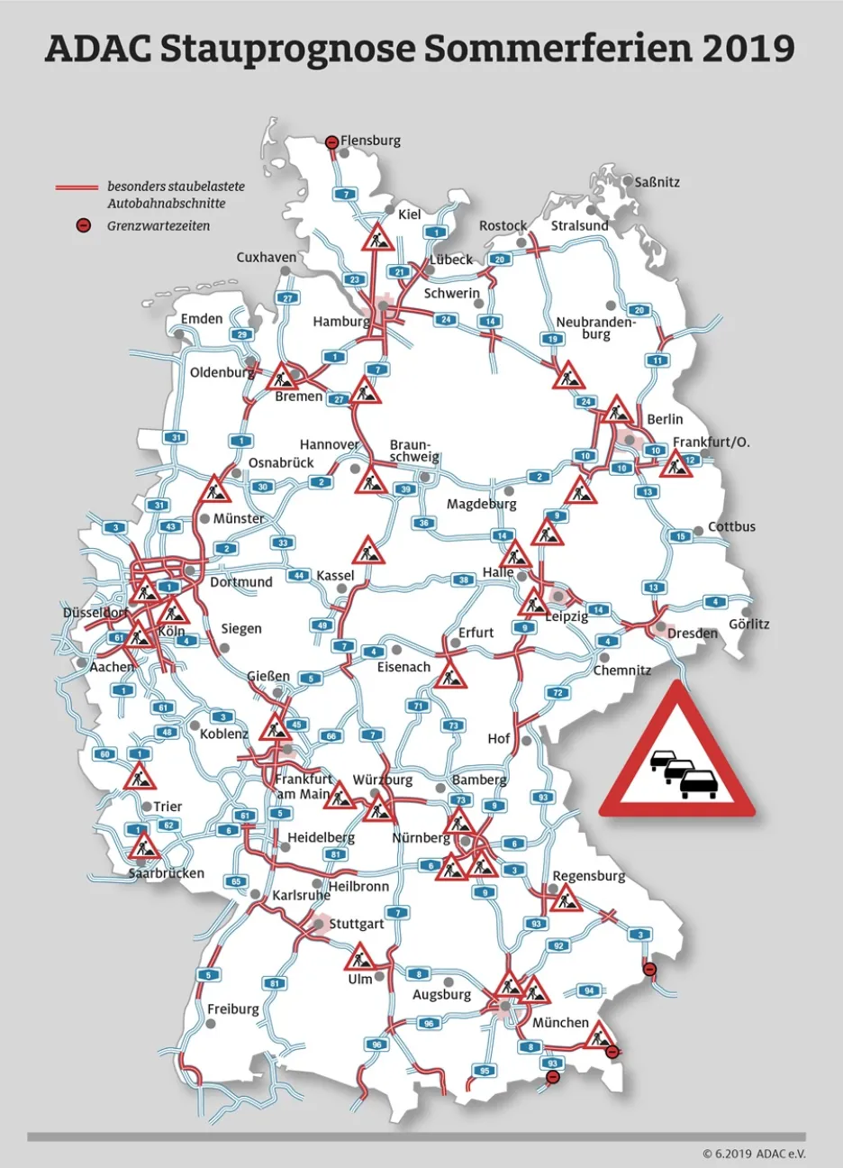 Prognóza dopravních kongescí v Německu o prázdninách 2019