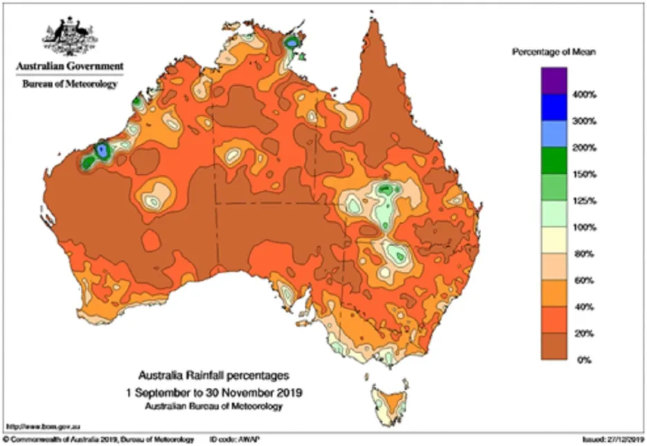 Kolik vody spadlo během jara (září až listopad) v Austrálii – srovnání s dlouhodobým průměrem 
