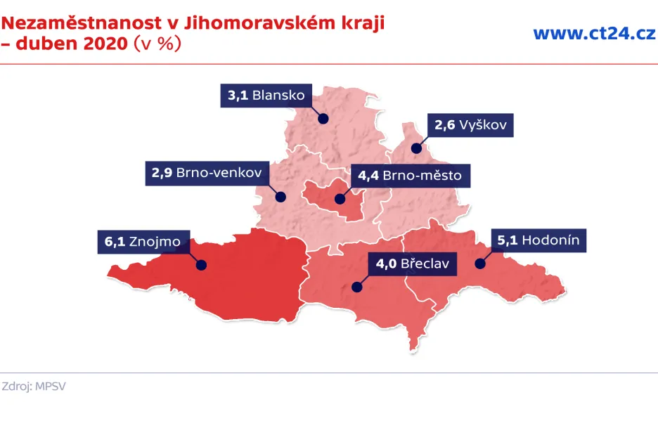 Nezaměstnanost v Jihomoravském kraji – duben 2020 (v %)