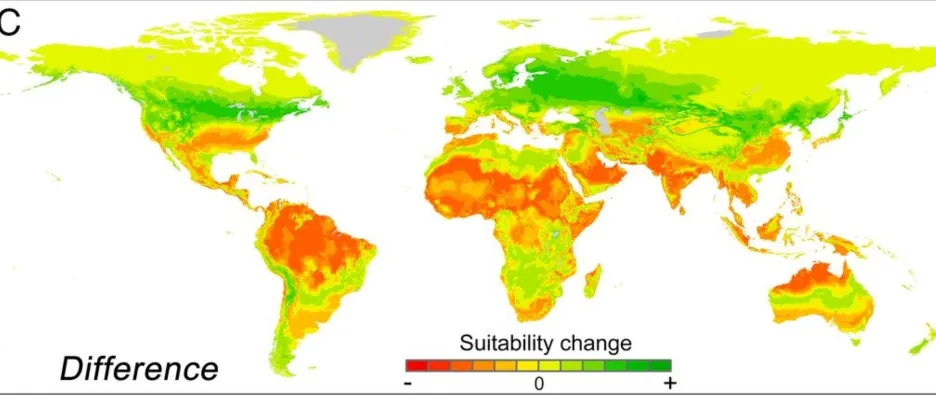 Změna podmínek pro lidstvo do roku 2070 podle klimatického modelu RCP8.5. Červená = zhoršení, zelená = zlepšení