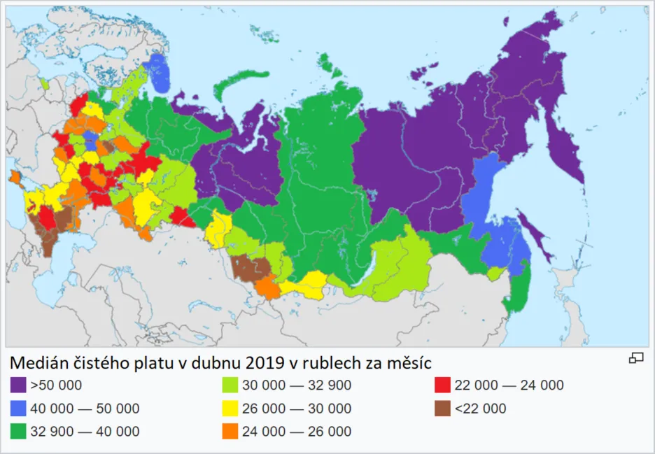 Medián čistého platu v Rusku v roce 2019 v rublech