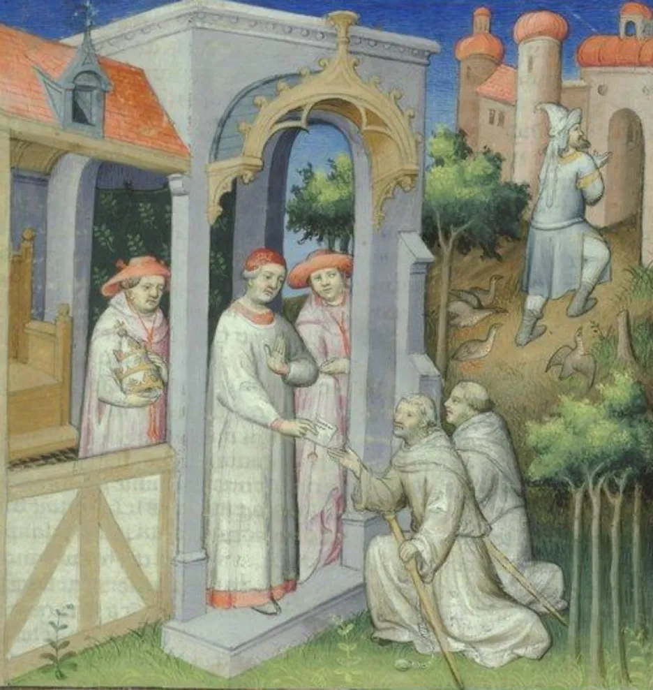 Setkání Odorika z Pordenone s papežem Janem XXII., zpodobněno na malbě ve středověkém rukopisu.