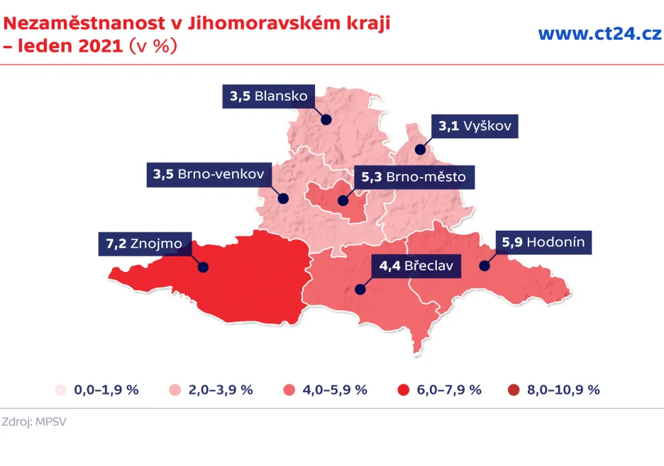 Nezaměstnanost v Jihomoravském kraji – leden 2021 (v %)