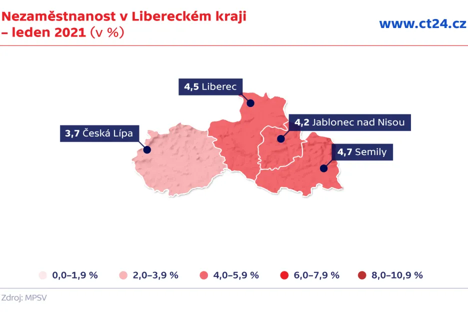 Nezaměstnanost v Libereckém kraji – leden 2021 (v %)