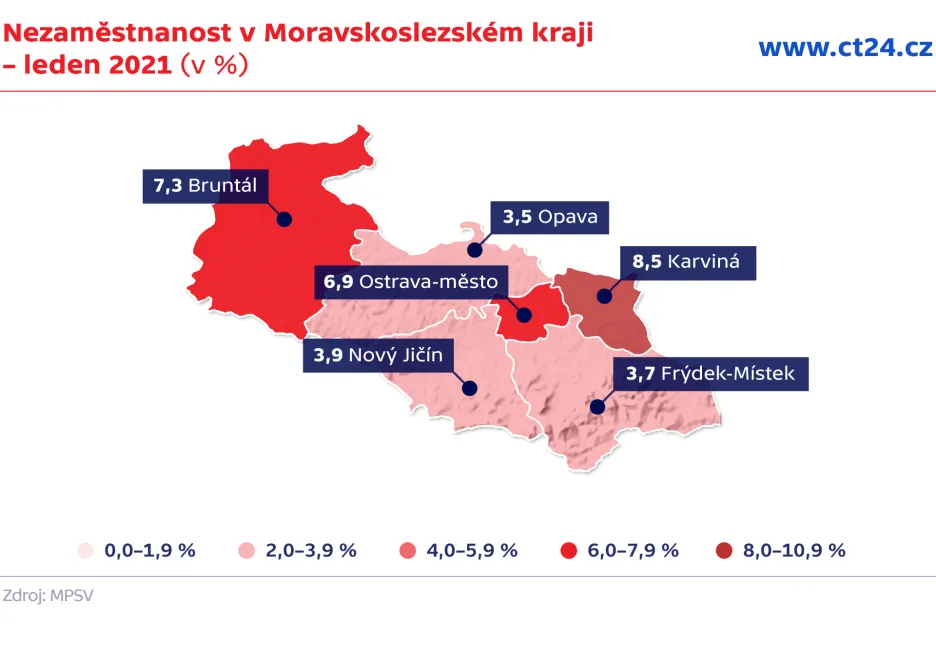 Nezaměstnanost v Moravskoslezském kraji – leden 2021 (v %)