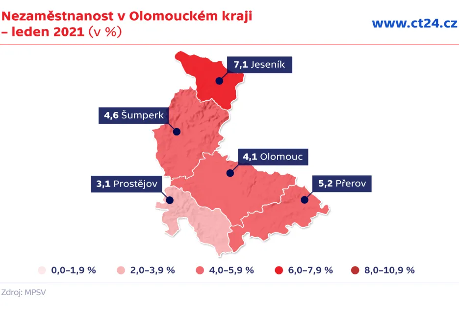 Nezaměstnanost v Olomouckém kraji – leden 2021 (v %)