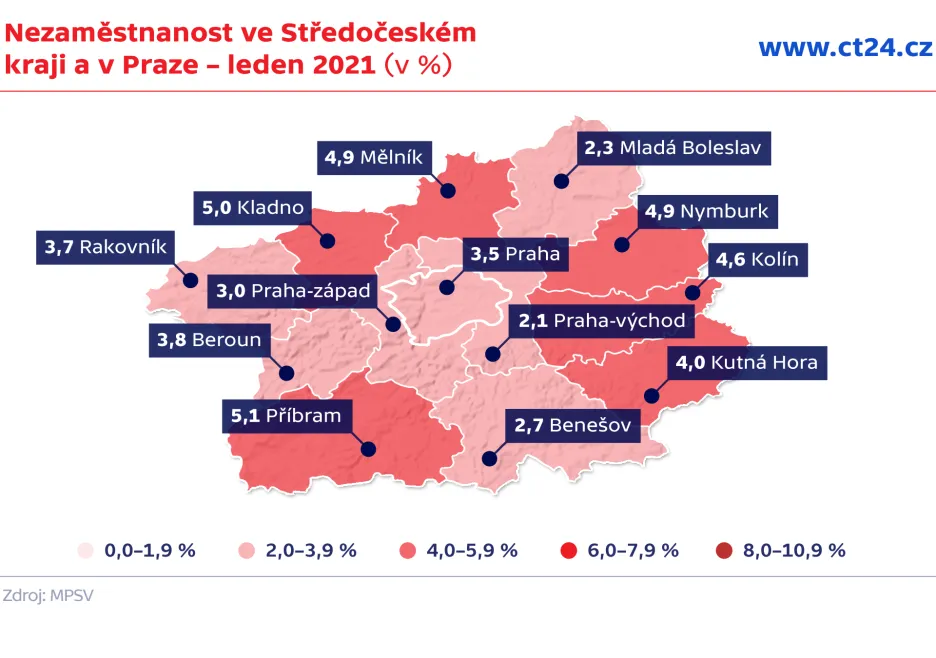 Nezaměstnanost ve Středočeském kraji a v Praze – leden 2021 (v %)