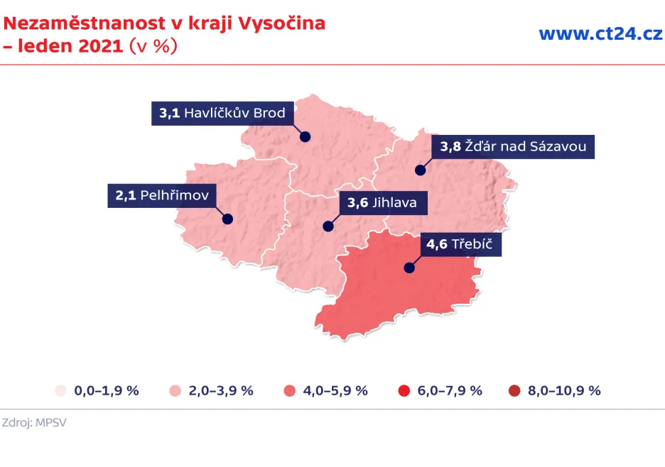 Nezaměstnanost v kraji Vysočina – leden 2021 (v %)