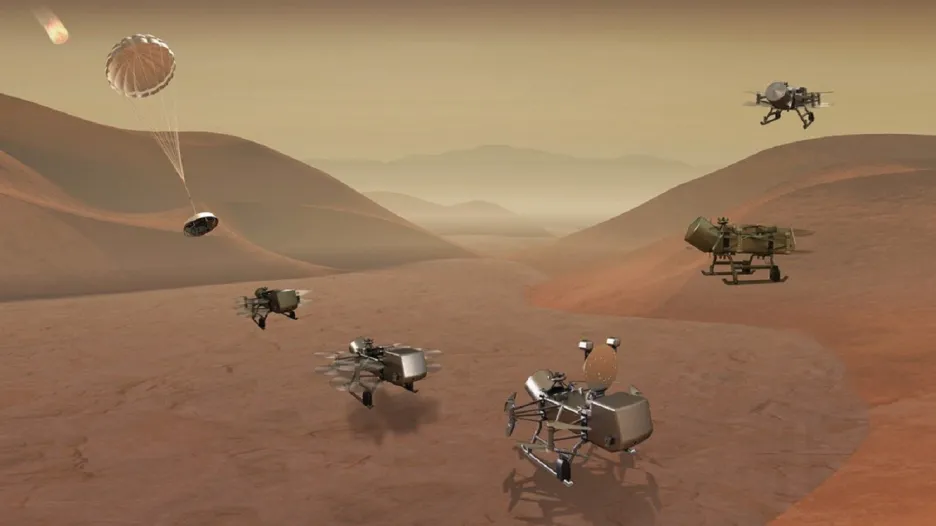Vizualizace sondy Dragonfly na Titanu