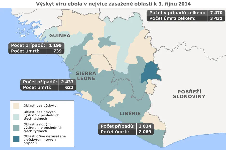 Výskyt viru ebola v nejvíce zasažené oblasti