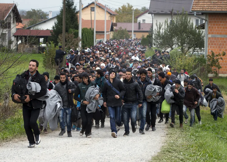 Uprchlíci na slovinsko-chorvatské hranici ve městě Kljuc Brdovecki